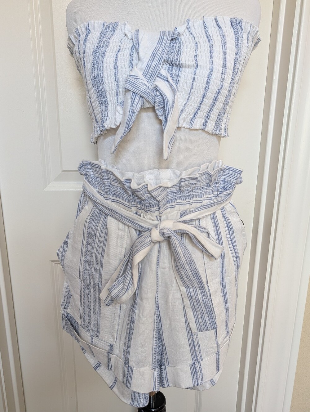 Striped Two-Piece Tie Front Tube Top & Paperbag Waist Skirt Set - NWT